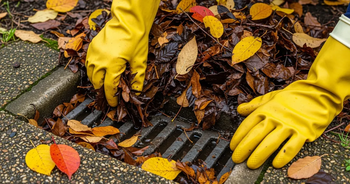 Homeowner clearing leaves and debris from a blocked outside drain