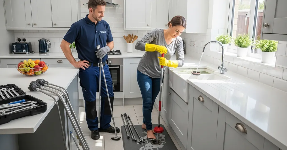Homeowner using a plunger on a blocked kitchen sink