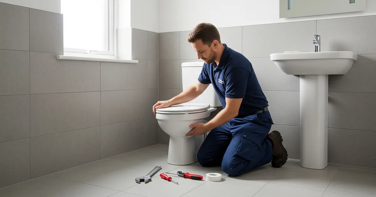 Professional plumber attending to a blocked toilet in a UK home