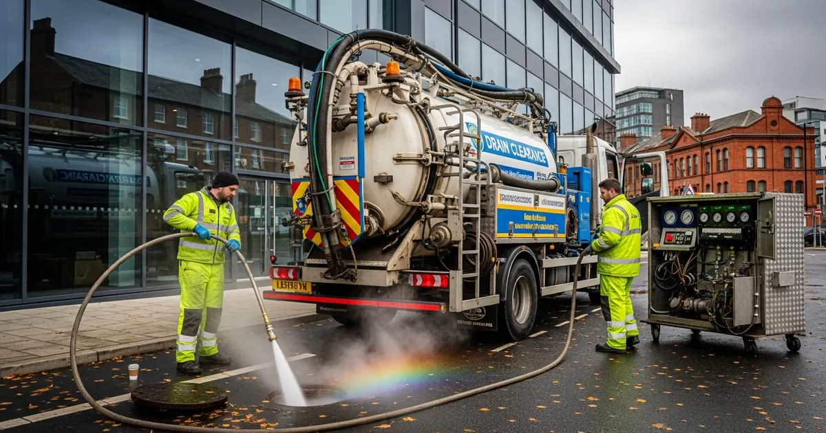 Commercial drain jetting vehicle and crew servicing a business premises