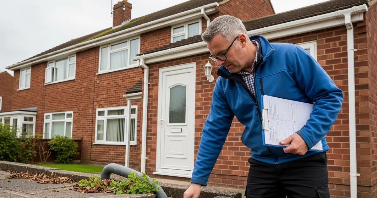 Homeowner inspecting external drains and guttering on a Liverpool property