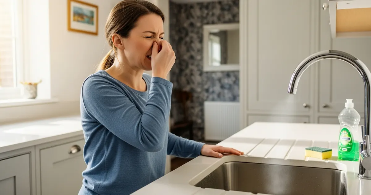 Homeowner reacting to bad smells coming from a kitchen drain