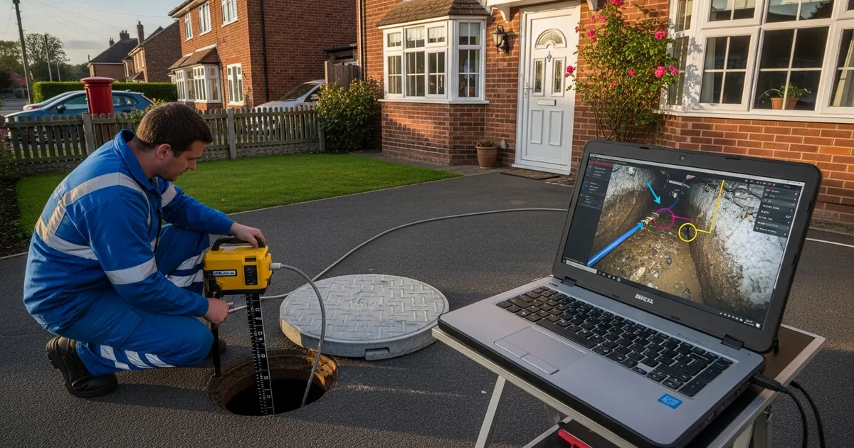 CCTV drain survey engineer with equipment outside a UK property