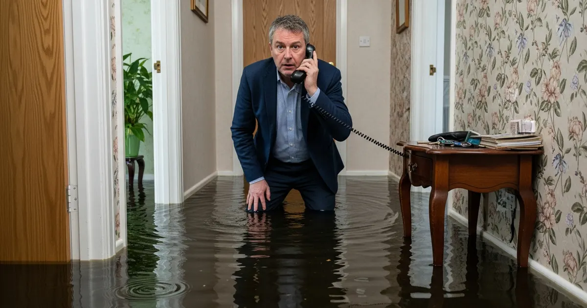 Homeowner calling emergency drainage services during a flooding crisis