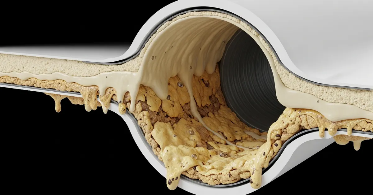 Inside view of a kitchen drain pipe coated with fat and grease buildup