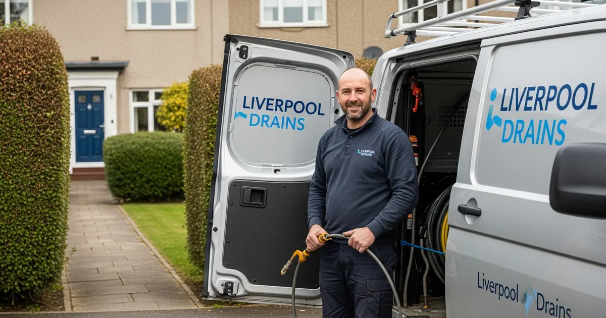 Professional drainage company vehicle and engineer outside a Liverpool property