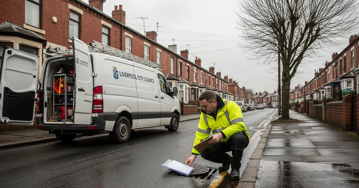 Drainage engineer working on a blocked drain in Huyton, Knowsley