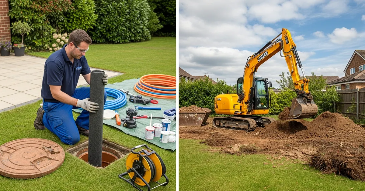 Drain pipe relining equipment next to a ground excavation showing repair methods