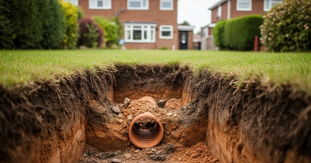Collapsed pitch fibre drain pipe excavated from a 1950s UK property