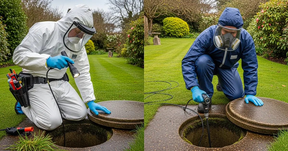 Engineer inspecting an underground drain chamber for pest entry points
