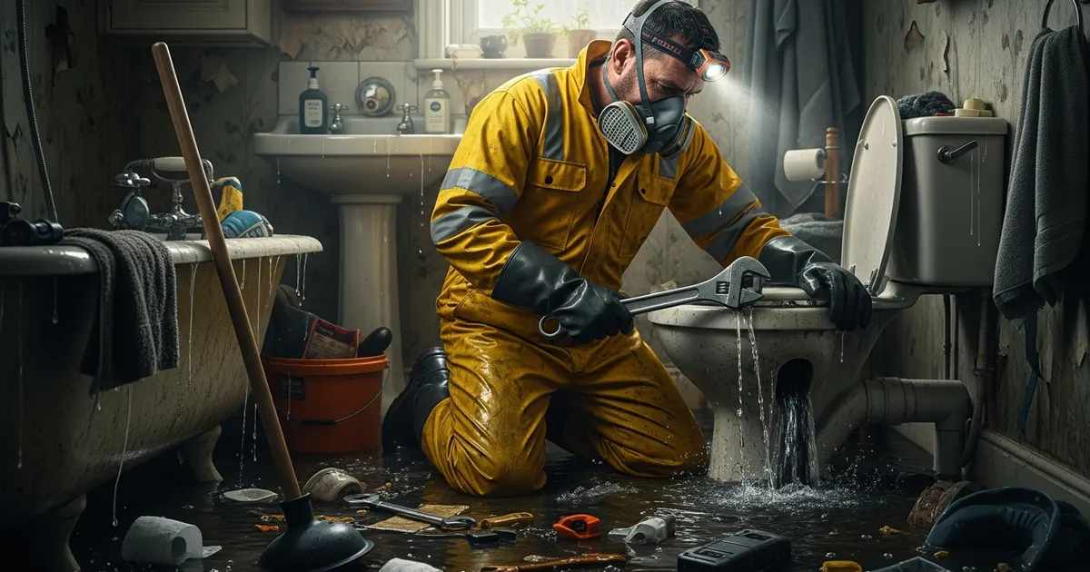 Emergency drainage engineer responding to a sewage backup in a home