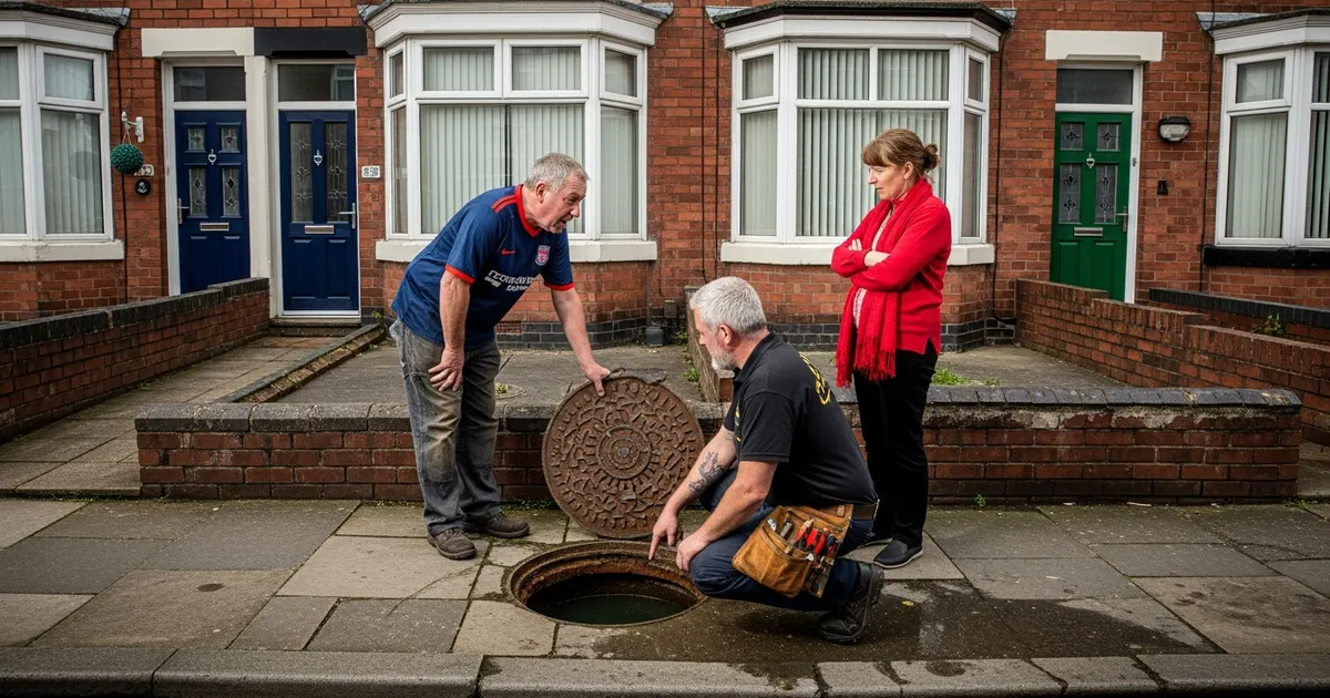 Neighbours and a plumber discussing shared drain responsibility on a Liverpool street