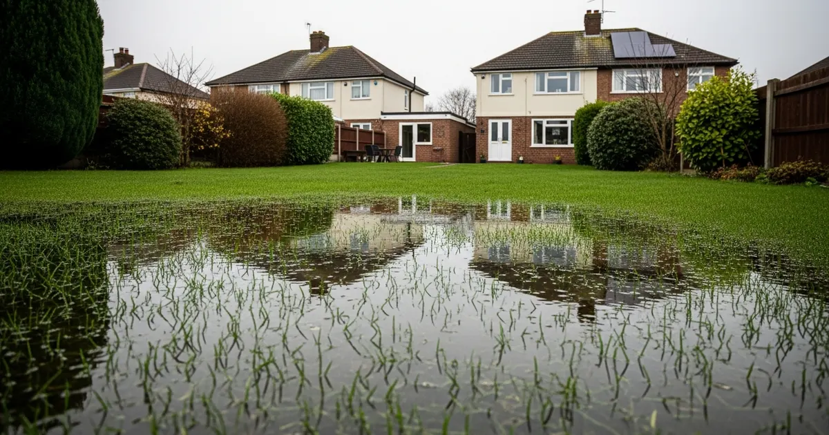 Flooded garden with standing water caused by a failed soakaway