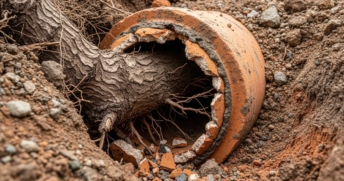 Tree roots growing through a cracked underground drain pipe