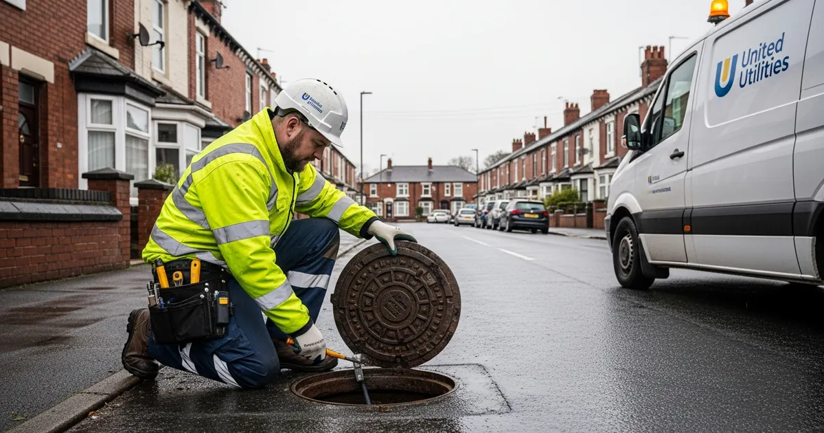 Utilities engineer inspecting a street manhole in Merseyside